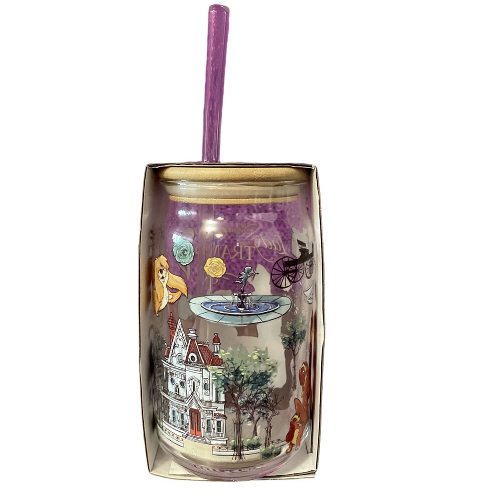 Disney Lady & the Tramp Glass Tumbler • 16 oz • Wood Lid & Straw • NWT - Picture 2 of 5